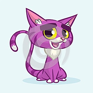 Vector illustration of cartoon violet kitty. Cute purple stripped cat with a grumpy expression sitting