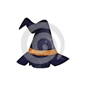 Vector illustration of a cartoon watercolor Halloween witch hat.