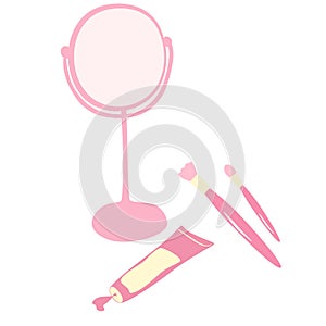 Vector illustration of a cartoon woman's mirror. Makeup brushes and cream. Hand drawn beauty elements. Isolated on white
