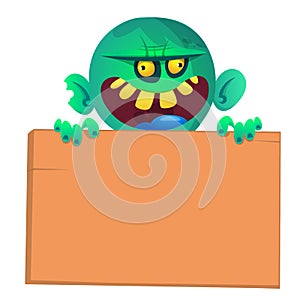 Vector illustration of Cartoon zombie holding wooden sign. Isolated on the white
