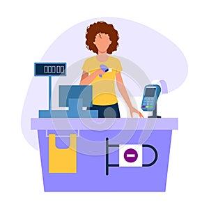 Vector illustration of cashier. Cartoon scene with the seller at the checkout in the store who holds the sensor on white