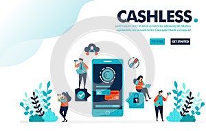 Vector illustration cashless society payment. People transactions without money or cashless. Mobile payment, banking and credit