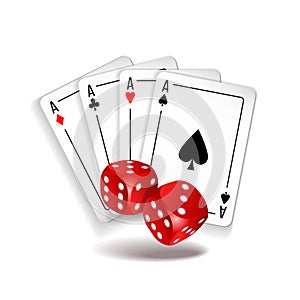 Vector illustration of casino elements. Four playing cards and two red dices