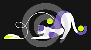 Vector illustration of a cat playing with computer mouse and balls.