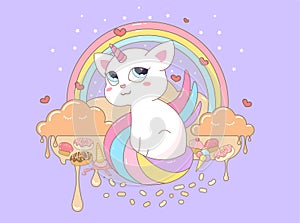 Vector illustration cat unicorn beautiful sweet story