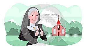 Vector illustration of catholic nun praying in traditional black clothes.