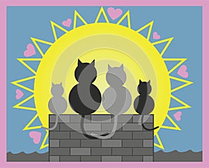 Vector illustration. Cats in love on roof with their kitten. Valentine day, all hearts day or love.