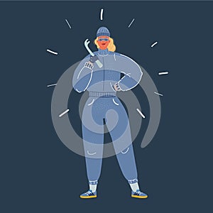 Vector illustration of caucasian woman holding pinch bar on dark backround.