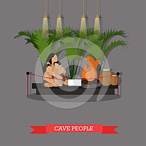 Vector illustration of cave people exposition in museum, paleolithic era photo