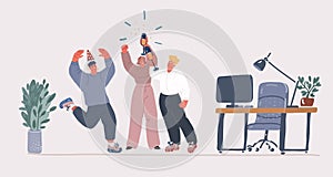 Vector illustration of celebration team in office interior