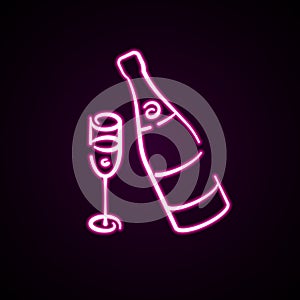 Vector illustration of a champagne bottle and a glass hand-drawn. vector neon icon pink line isolated on black