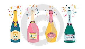 Vector illustration. Champagne bottles of different form and color. Rose and white sparkling wine with colorful designs with stars photo