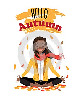 Vector illustration character design beautiful black african american girl with scarf and word hello autumn. Young woman