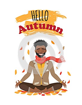 Vector illustration character design beautiful black african american guy with scarf and word hello autumn. Young man
