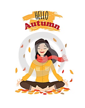 Vector illustration character design beautiful girl with scarf and word hello autumn. Young woman doing yoga in autumn