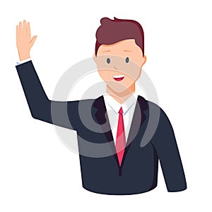 Vector illustration character happy business man greeting say Hi Hello. Cartoon style man in glasses holding hand up.