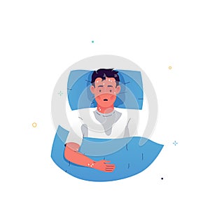 Vector illustration of a character lying in bed with flu symptoms. The man woke up with profuse sweating. Symptoms of a cold, photo