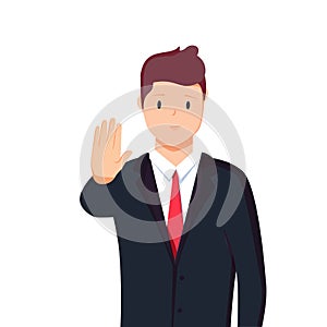 Vector illustration character portrait of businessman, raising hand, palm stretch forwards, body language saying no photo