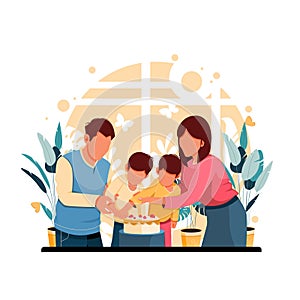 Vector illustration of a character portrait of a parent celebrating his child`s birthday, flat design concept