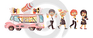 Vector illustration characters children, pupils, schoolboys, schoolgirls eat ice cream, car refrigeration
