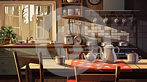 vector illustration of a charming country kitchen with a laid table