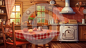 vector illustration of a charming country kitchen with a laid table