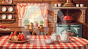 vector illustration of a charming country kitchen with a laid table