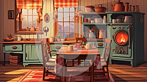 vector illustration of a charming country kitchen with a laid table