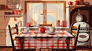 vector illustration of a charming country kitchen with a laid table