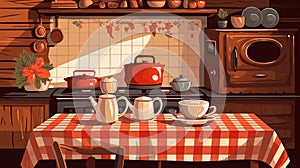 vector illustration of a charming country kitchen with a laid table