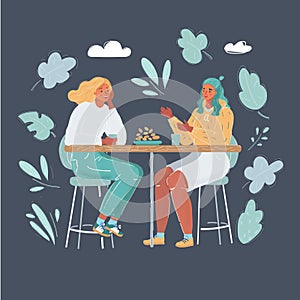 Vector illustration of Cheerful bestfriends in cafee. Two woman talk on dark background.