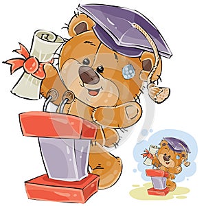 Vector illustration of a cheerful brown teddy bear in the graduation cap makes a speech at the graduation ceremony