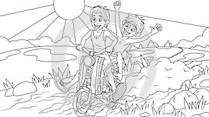 Vector illustration, cheerful children ride bicycles in the countryside