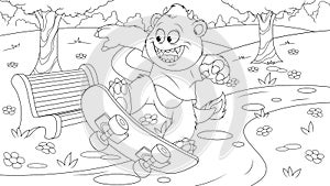 Vector illustration, cheerful funny cartoon monster, rides a skateboard in the park