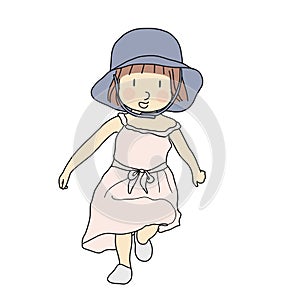 Vector illustration of cheerful girl running and smiling. Early childhood development activity, happy children day card, child pl