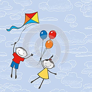 Vector illustration of cheerful kids flying with balloons and kite in blue cloudy sky