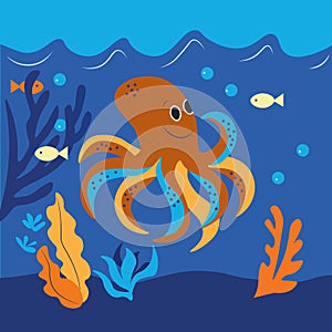 Vector illustration, A cheerful octopus lives in the deep blue sea