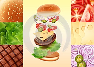 Vector illustration of cheeseburger in exploded view with tomato, cheese, onion, jalapenos, beef, lettuce and bun