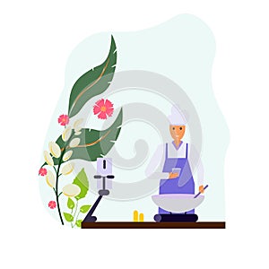 Vector illustration of a chef cooking, zoom activity on a floral background.