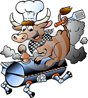 Vector illustration of an Chef Cow riding a BBQ barrel photo