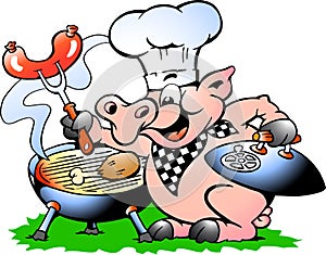 Vector illustration of an Chef Pig standing and making BBQ