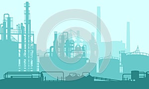 Vector illustration of a chemical processing plant with pipelines and chimneys.