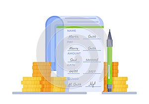 Vector illustration of cheque book. Abstract illustration with watermark. White background for banknote.