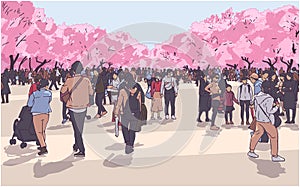 Vector illustration of cherry blossom viewing festival crowd in Ueno Park, Tokyo