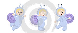 Vector illustration child in animal carnival costume. Cute cartoon baby in a snail costume in different poses