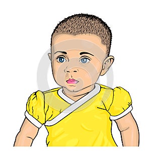 Vector illustration of a child with blue eyes in a yellow bodysuit. Pop art style.