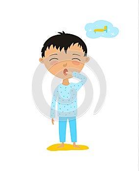 Vector illustration of a child who wants to sleep. The boy yawns