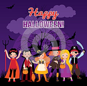 Vector illustration children in costume monsters of Halloween on