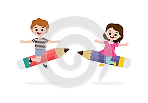 Vector Illustration Of Children Education, Kids Flying With Pencil isolated on white background.