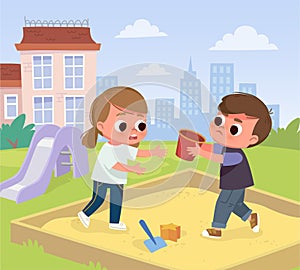 Vector illustration of children fighting over toy bucket in sandbox sandpit playground